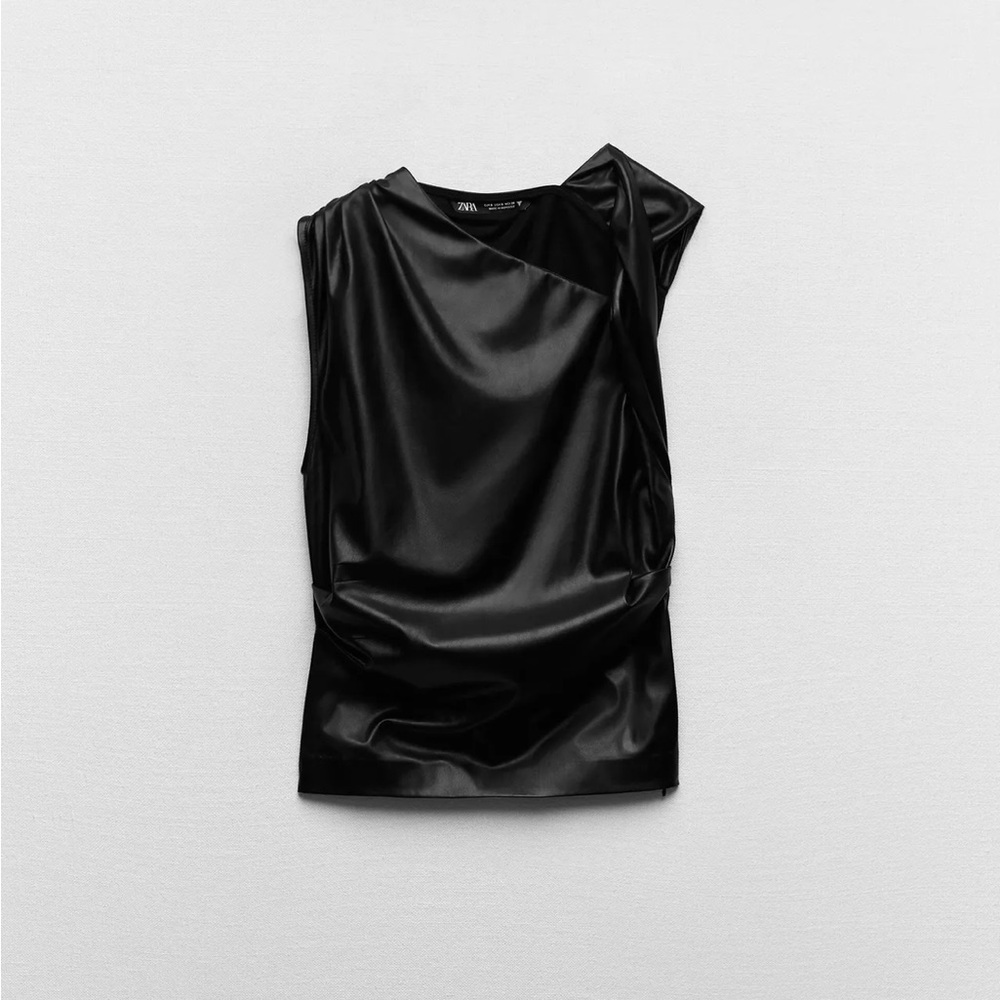 Zara FAUX LEATHER DRAPED TOP